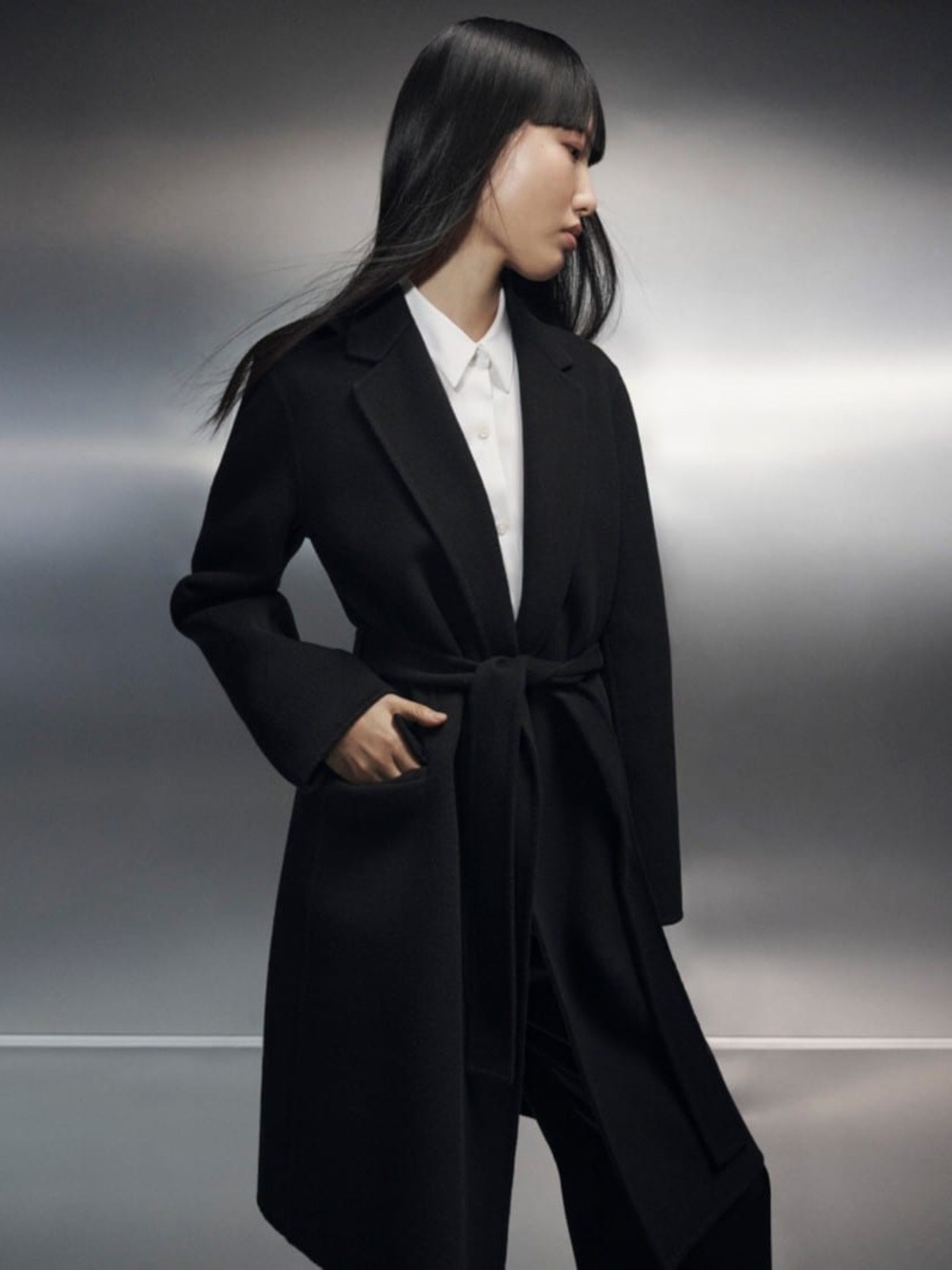 Theory Black Belted Wool Trench Coat